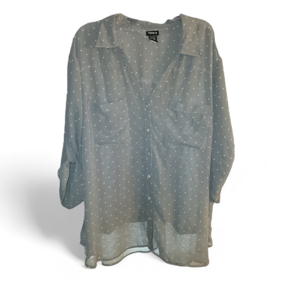 Torrid-Light Gray Polka Dot Sheer Button-Front Blouse